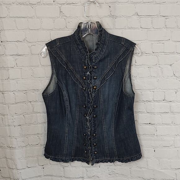 Womens Denim Vest Jean Vest Ruffled Collar Button Front Rustic Boho Size M - Picture 1 of 10